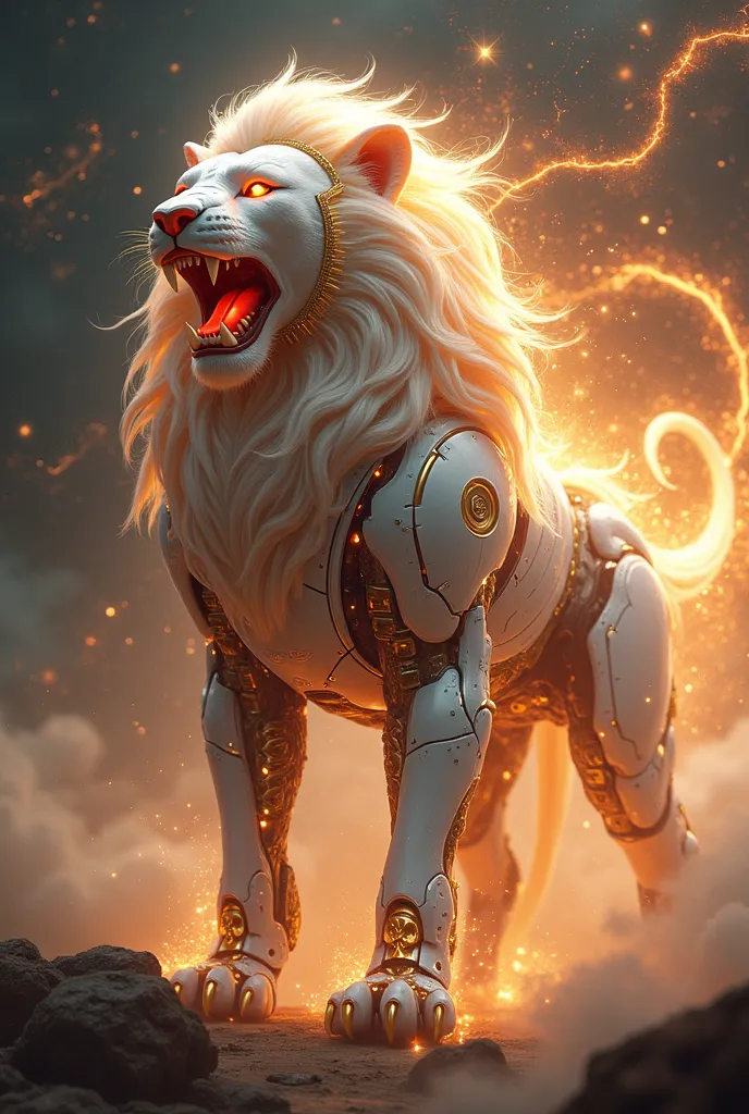 A ferocious celestial robot lion roaring from burning white and gold metal