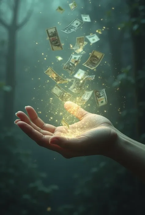 Magic hand generating an aura of magic and emerging banknotes
