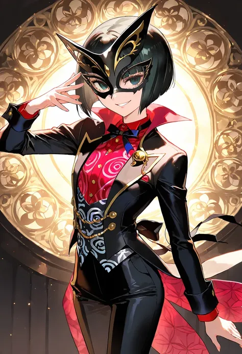 Fantastic gear pattern, swirl pattern, phantom thief-like girl, black hair in bob cut, mask for masquerade ball, suspicious smile