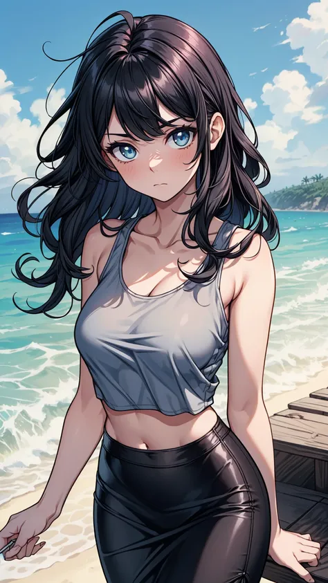 ((masterpiece, best quality:1.3, high detail)), beautiful woman, light frown, looking at viewer, long hair, wavy hair, messy hair, (dark blue hair), bright eyes, (white tank top), (long black (pencil skirt)), midriff, navel, collarbone, beach,