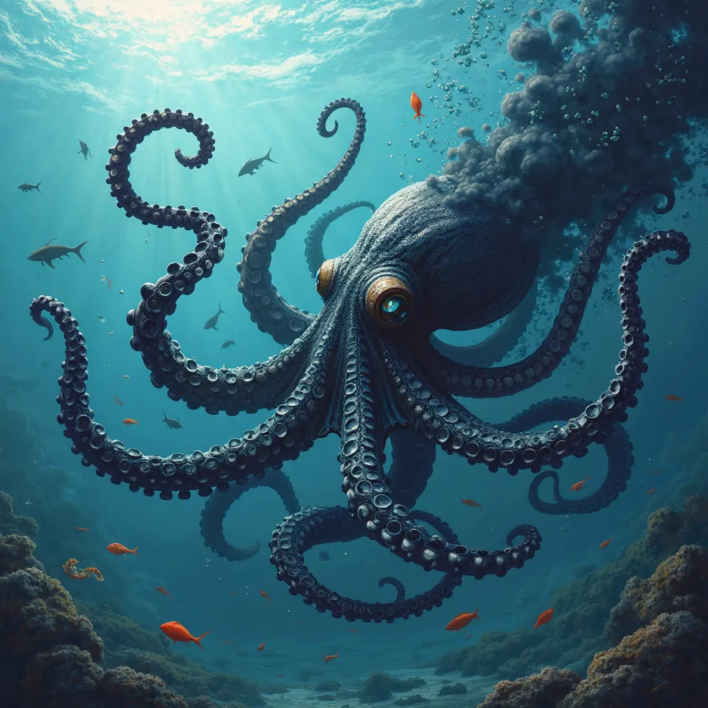 An octopus that spits out ink。In the sea。 Powerful Atmosphere 。