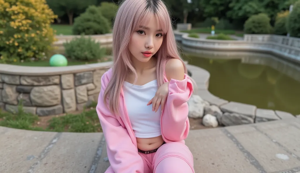 (Masterpiece, best quality: 1.2), 1 girl, alone, exquisite hair color, (wearing pink and white sexy shorts and tracksuit: 1.2), too big, outside, pink lips. Front view sitting on a chai,