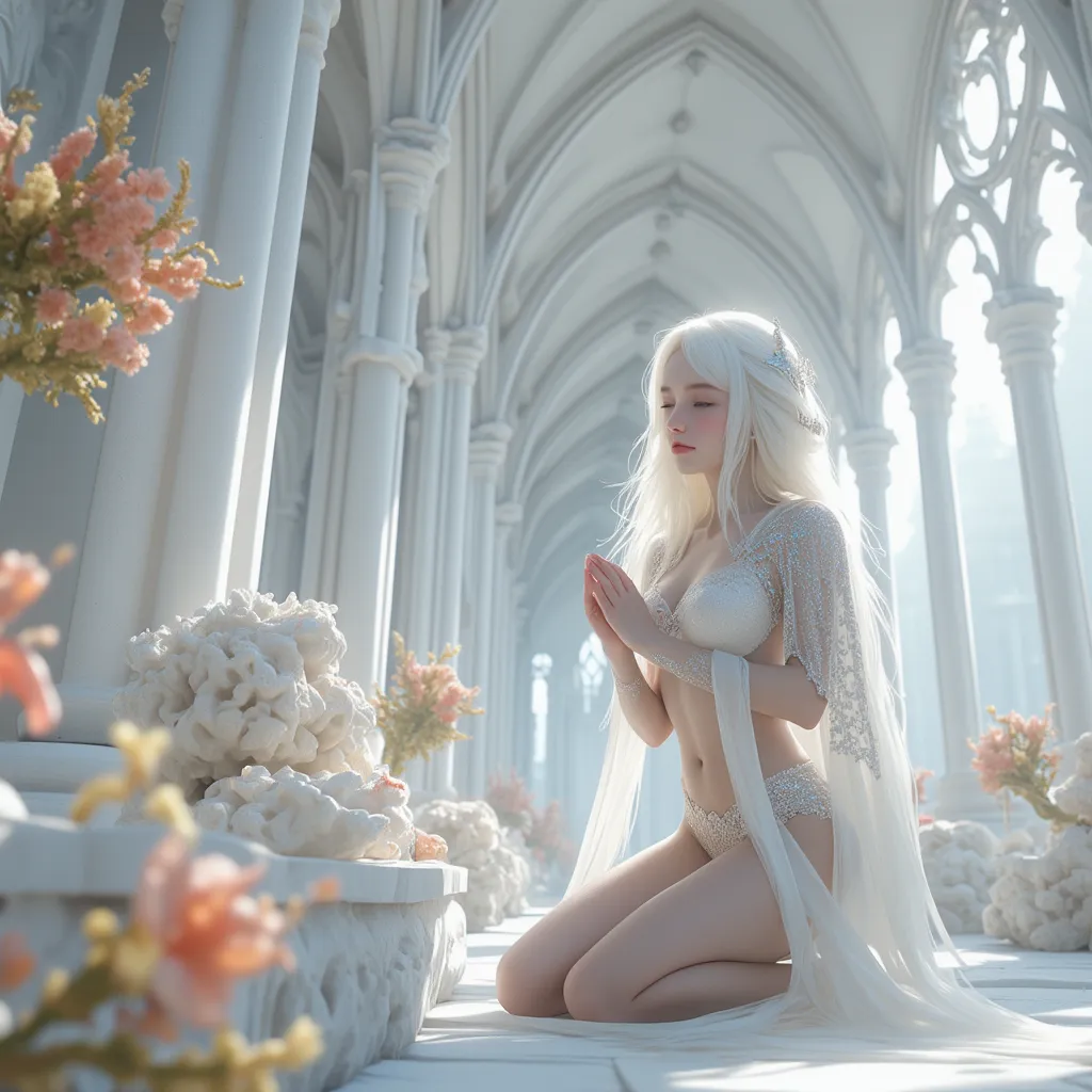 [Portrait], [Bleached white space: Inside a white church cathedral, a white coffin on the altar where the former Lord rests, a sexy woman kneeling on one knee and praying with her hands together, spherical spores floating around], [Sexy woman: bleached whi...