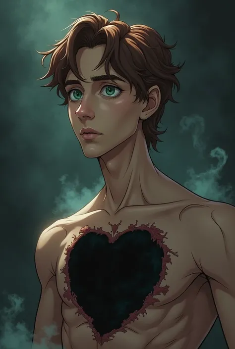 A retro animated comic like image of a man's empty heart. The focus is on his chest, revealing a dark, hollow void within. His skin is slightly pale, with faint veins visible beneath the surface. He has chestnut brown wavy hair and green eyes with cold fle...