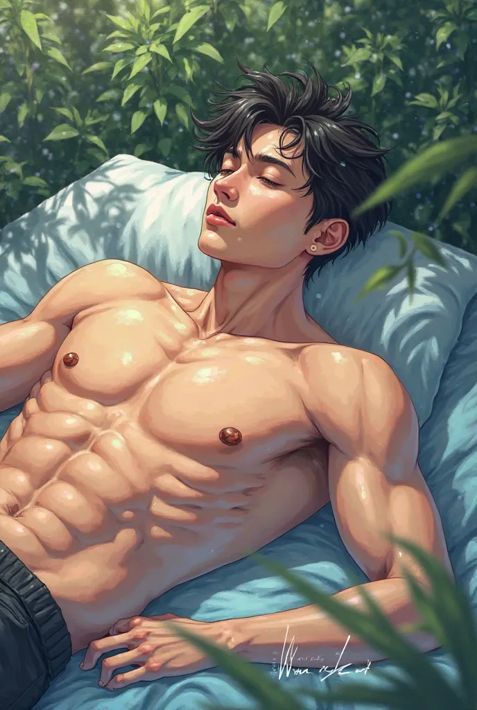 Anime man laying on his side without a shirt 