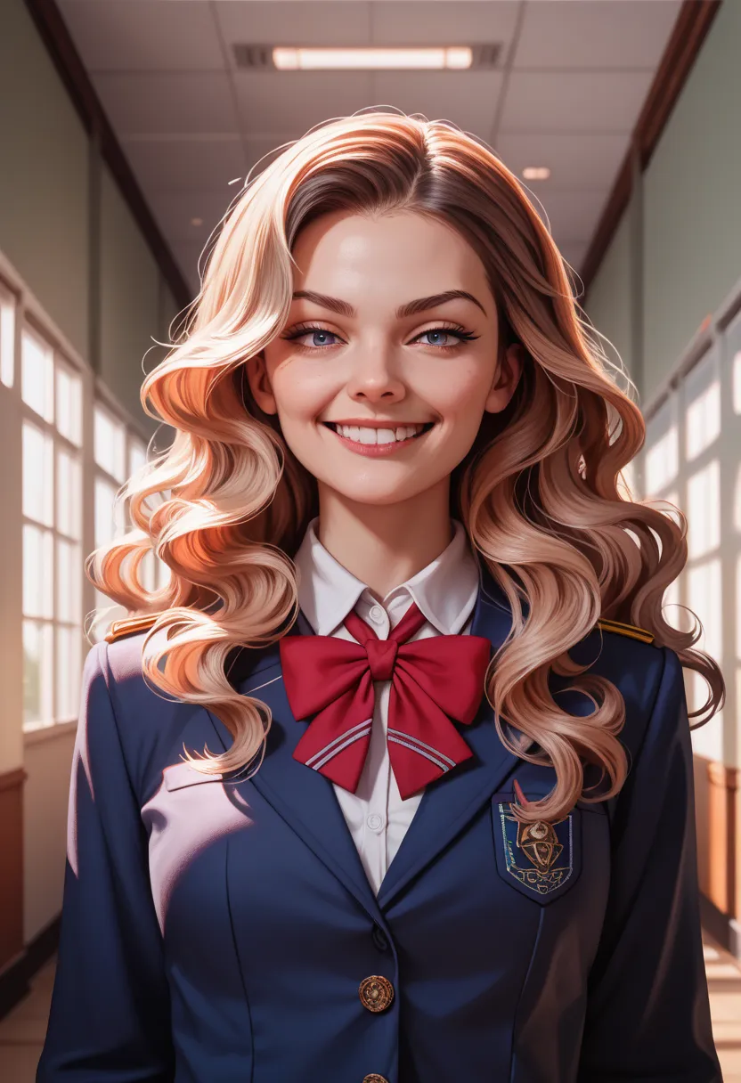 (high resolution, fine grain, detailed face, depiction of a face expressed in great detail, confident smirk, sharp playful eyes, stylish school uniform, rebellious aura, provocative pose, long wavy hair, school hallway background, mischievous expression, t...