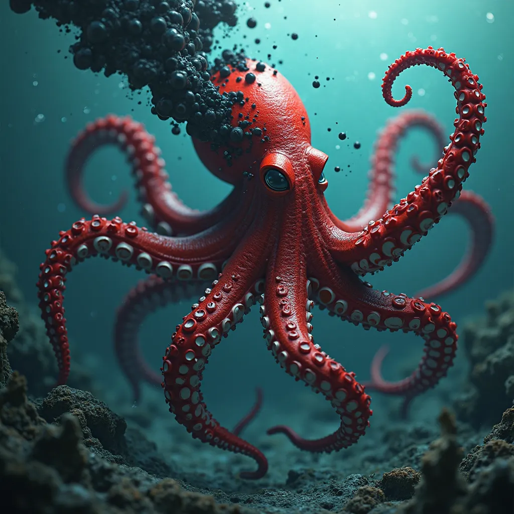 Red octopus that spits out ink。In the sea。 Powerful Atmosphere 。