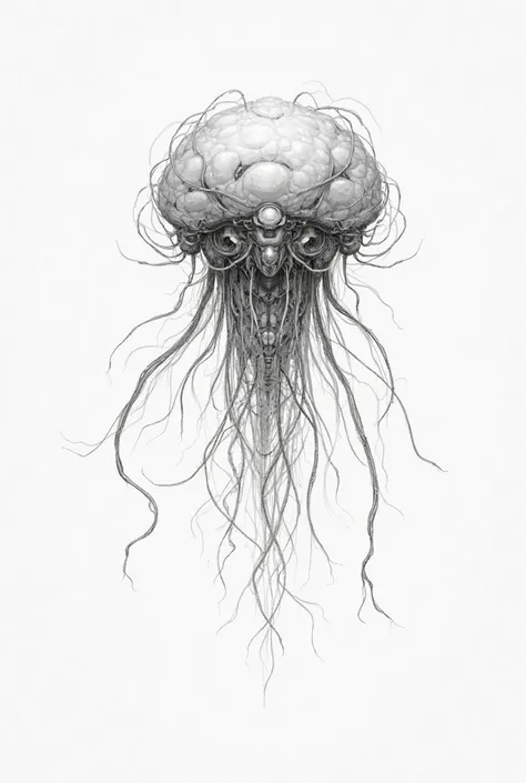 pencil sketch of a cyber rotot brain with jelly fish tentacles , entity , in white background , spine  