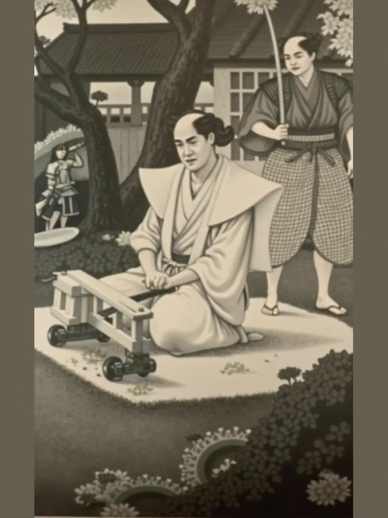  Edo period　A garden inside a Japanese castle　White gravel is covered　A samurai is sitting in a white kimono and trying to commit seppuku　Another samurai is waving his sword from behind　Make a realistic color illustration