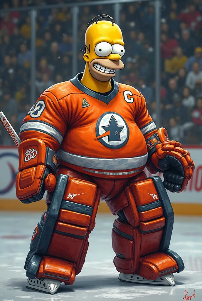 Homer Simpsom wearing strong goalie outfit and smiling 