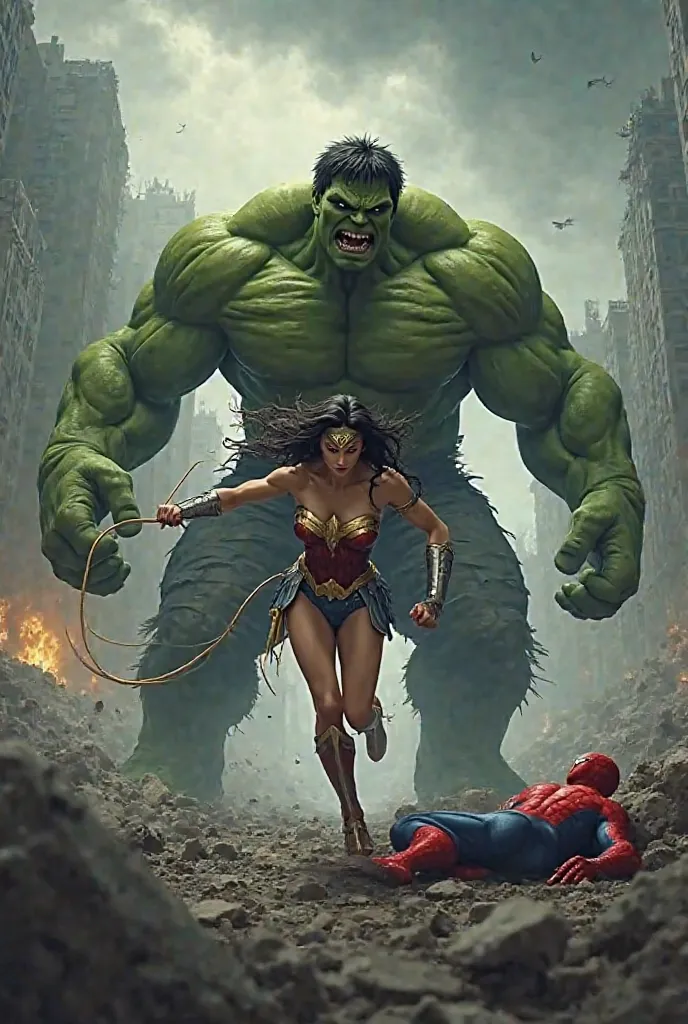 Wonder Woman running from fear of the Hulk because he threatened her with death. Spider-Man lying on the ground near the Hulk