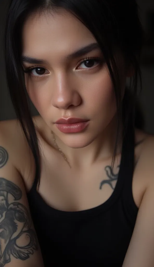 A girl DavinaKaramoy. She is looking at the viewer with bright and loving eyes. She is leaning forwardal. Close-up of face, very detailed. She is wearing a black tanktop, a lot of tatoo, huge breast. Hasselblad H6D-400c MS, low exposure, high contrast, ISO...