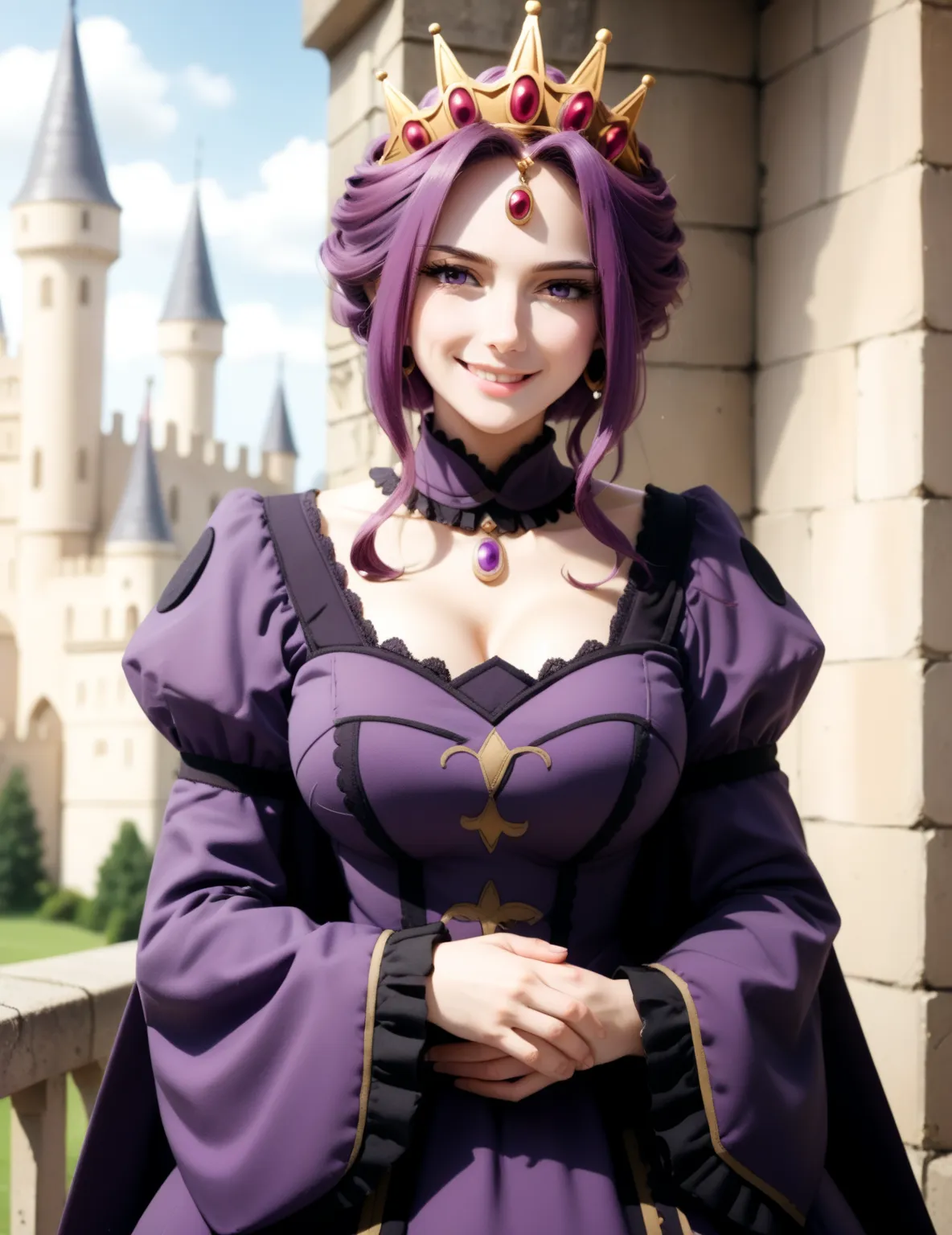 score_9, score_8_up, score_7_up, source_anime, mirelia q melromarc, purple hair, purple eyes, large breasts,, long sleeves, dress, jewelry, frills, puffy sleeves, wide sleeves, crown, purple dress,, castle, stone, towers, medieval, royalty, smile, hand on ...