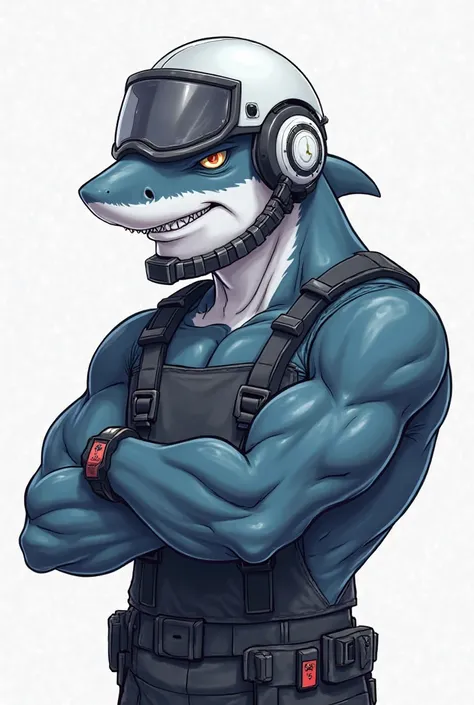 A shark with a white helmet working as an engineer,with arms muscles, showing confidence and leadership ,Without covering your face,  for a high-quality logo design, 4k, ultra detailed,  Looking Forward .In anime in png format without image background 