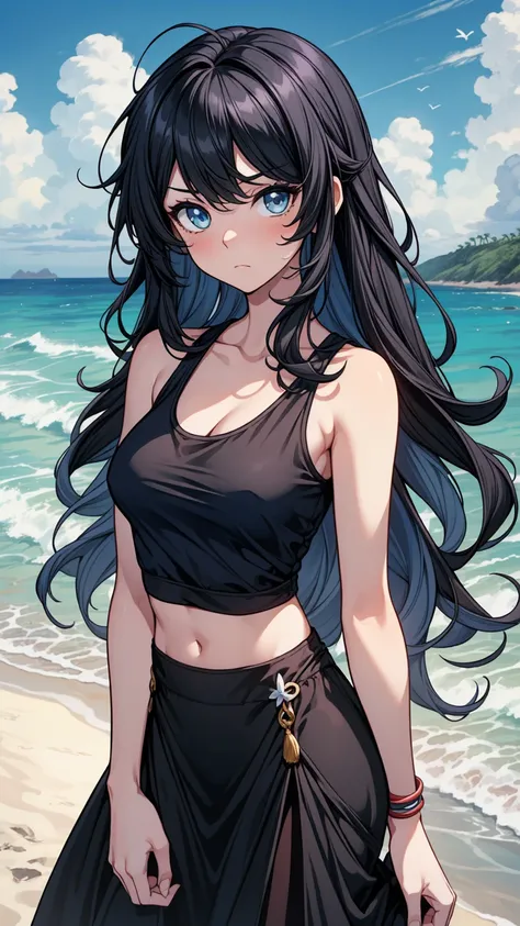 ((masterpiece, best quality:1.3, high detail)), beautiful woman, light frown, looking at viewer, long hair, wavy hair, messy hair, (dark blue hair), bright eyes, (white tank top), (long black skirt), medium skirt, midriff, navel, collarbone, beach,