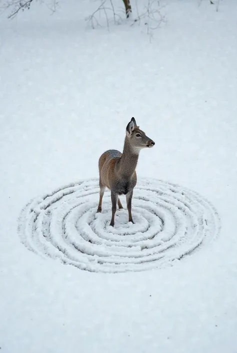 A deer is standing alone in the snow.
It appears weak, injured, or infected, as some dark patches can be seen on its body.
The deer is standing at the center of a circular pattern in the snow, possibly caused by movement or an external force