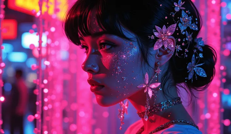  high quality, 8K ultra HD, Una hermosa MUJER DE NOCHE double exposure que combina una silueta de mujer con una diamantes,  las mariposas de neon should serve as a backdrop,  with its details incorporated into the woman , sharp lines, The background iS fue...