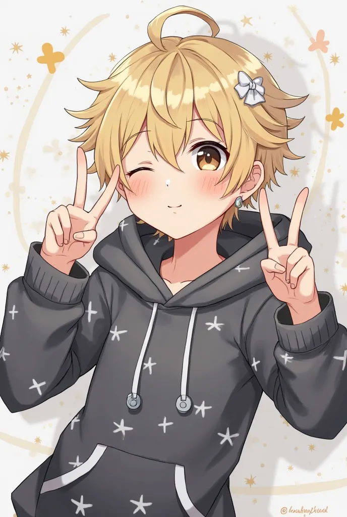 A young anime boy with messy blonde hair and brown eyes wearing a dark grey hoodie with white stars, a white bow on the back of his head, and silver cross earrings doing a peace sign while winking at you