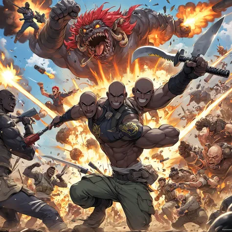 Humanos vs Monstros: Battle Royale , battle action,  EXPLOSION, arm, guns, Missile , interior, underneath, Black man with axe tied to his hand, HE'S BALD , strong, gordo, ele e seu amigo branco strong e com uma espada na mão, They're smiling at the monster...