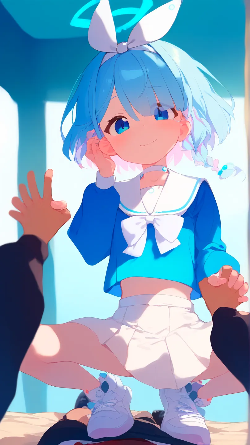 score_9, score_8_up, score_7_up, 1girl on top, pov, happy, skirt, flat chest, arona \(blue archive\),blue eyes, blue hair,braid,bow hairband,halo,choker,white sailor collar,white skirt,white sneakers, pov, one hand cheek holding, full body, cute, closed ey...