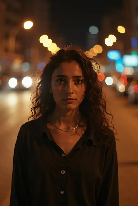 "A young Egyptian woman stands in the middle of a busy street at night, looking directly into the camera with a hurt and questioning expression. City lights blur in the background, adding depth and emotion to the scene. The atmosphere is cinematic, capturi...