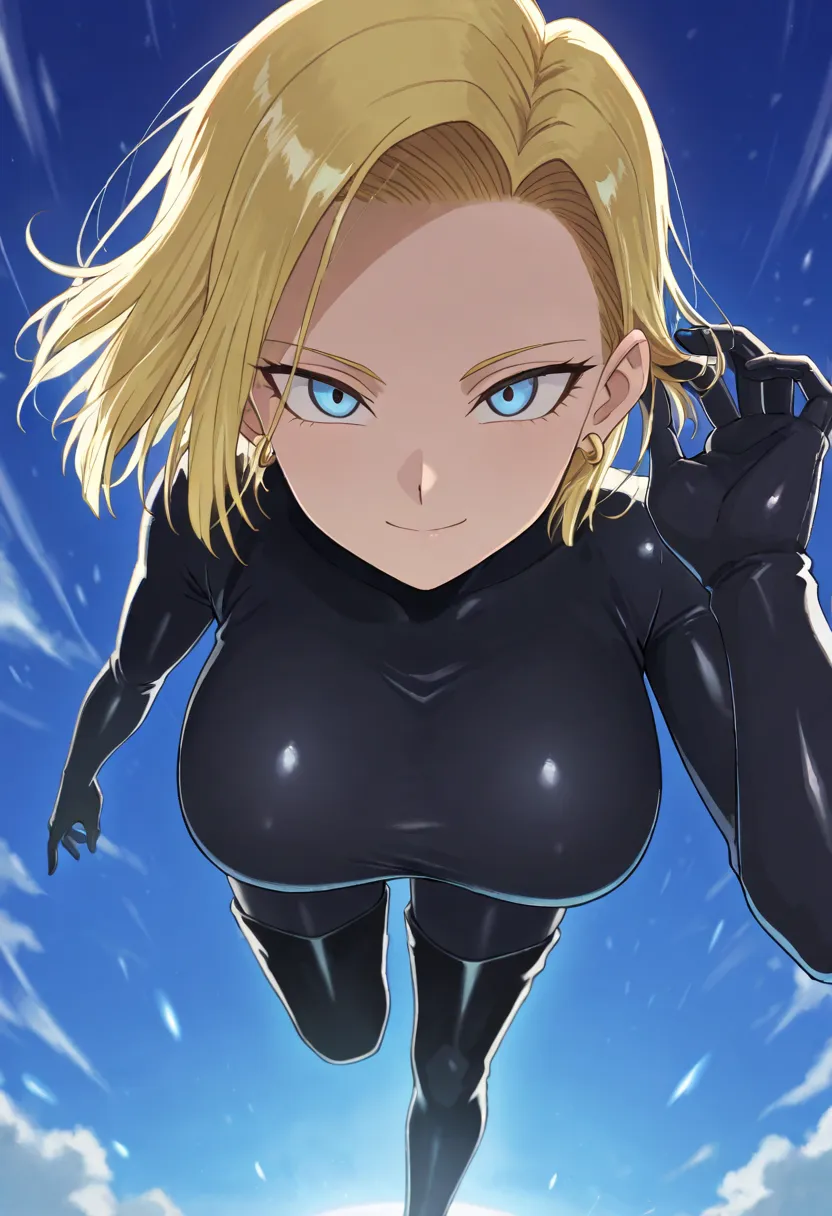 one girl , Alone, Android 18, black latex bodysuit,  black boots, blck thigh boots、 black tights , evil, floating, in the sky, looking at viewer, Masterpiece, top quality, So Aesthetic , anime screen capture , Big Breasts, general , Masterpiece, top qualit...