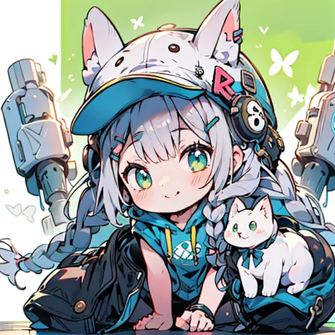 from under a hooded jacket with kitties on it， hoodie，Wore a hat with ears，young characters with grayish hair from a slightly aerial perspective,hair clip，green eyes， vivid background ， One girl，Loose long hair，braids，smile，comic style，