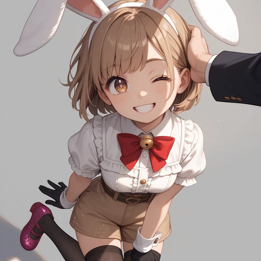 anime,  Fantastic Lighting , vivid colors, imitation rabbit ears,  boy, cute,  Performer ,light brown shorts,light brown short sleeve dress, Jabo, black thin long gloves, black stockings,  with a cheerful smile, gradient eyes,  closing one eye ,  big shoes...