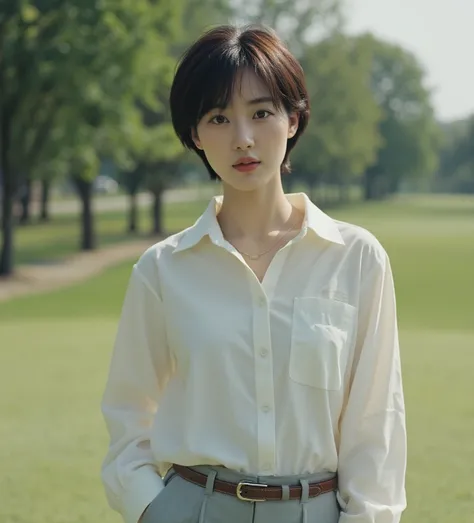 Realistics , Korean, golfer woman, 47 years, short pixie cut dark brown thick hair wearing shirt and trousers with belt looking at viewer, eye contact, masterpiece 4K resolution