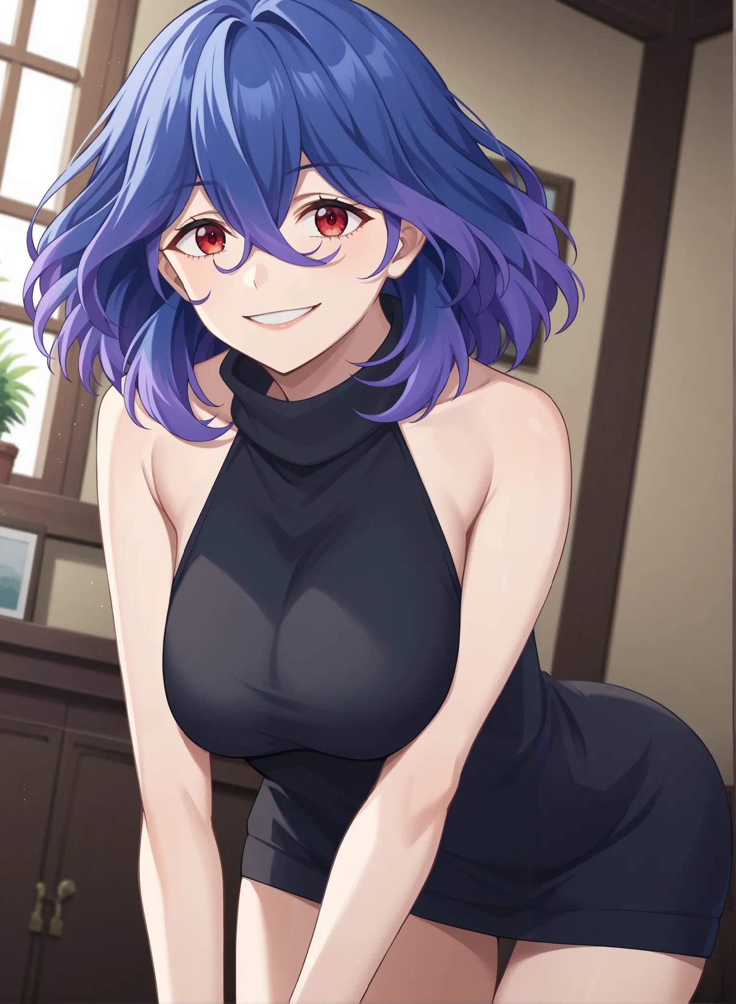 score_9, score_8_up, score_7_up, source_anime,
vermeil, vermeil, red eyes, hair between eyes, blue hair, purple hair, multicolored hair, medium hair,
sweater, bare shoulders, sleeveless, turtleneck, black sweater, thighs,
indoors, bent over, smile,
looking...