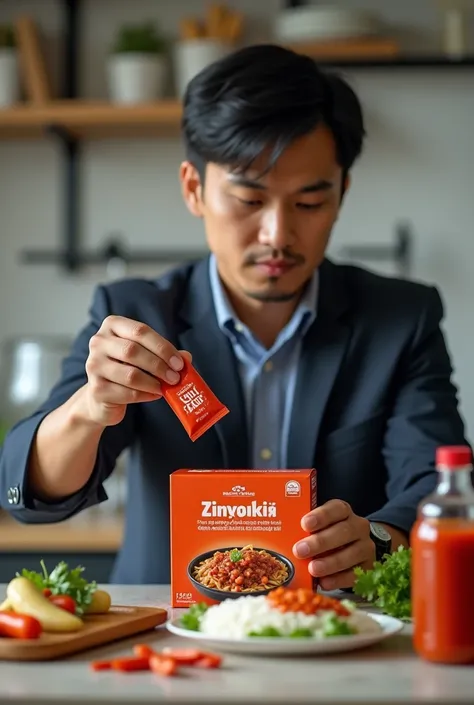 A busy professional malaysian male - quickly adding chili paste small sachet products from the box to their lunch, highlighting the convenient sachet packaging.