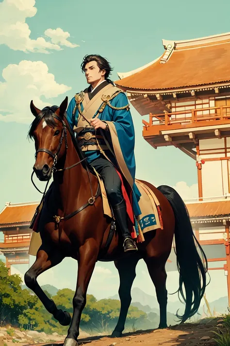 A handcuffed man in a brown animal skin cloak jumps off his horse's back. His eyes are full of arrogance and power, digital images of ancient Japanese style, mixing anime style, ancient fantasy lines..In monet style ,  with an aspect ratio of 1 :1.