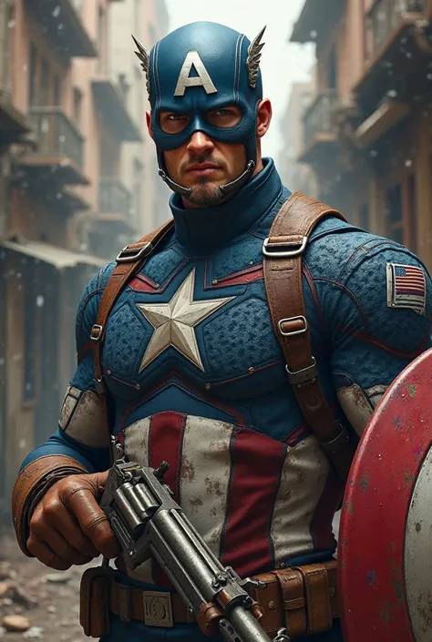 Captain America with his mask on holding a cattleman revolver