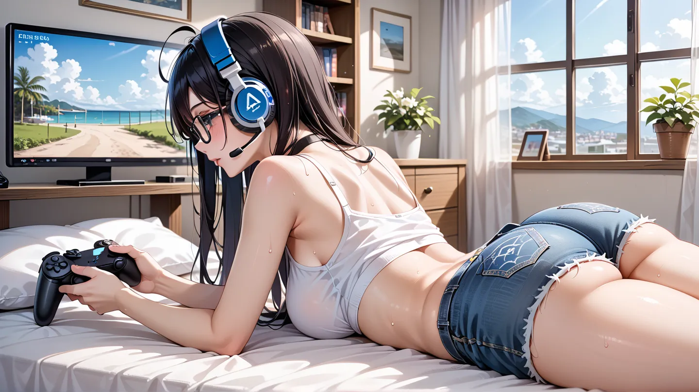 a sexy anime girl with denim shorts is lying on the bed and has headphones in, 1girl, solo, black hair, long hair, ahoge, glasses, black-framed eyewear, shorts, lying, ass, holding game controller, controller, flat screen tv, on stomach, sweat, white top, ...