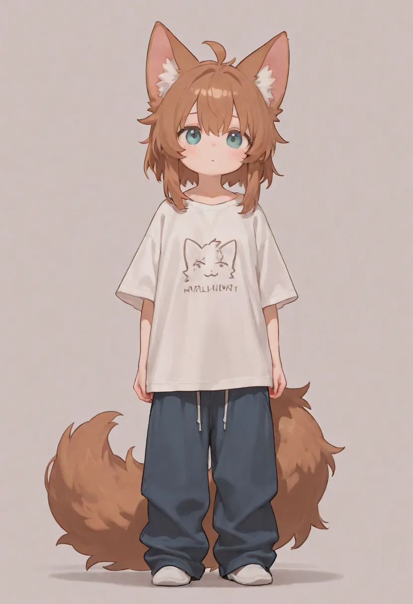 human cat girl , fluffy tail , cat ears, wearing big shirt and pants