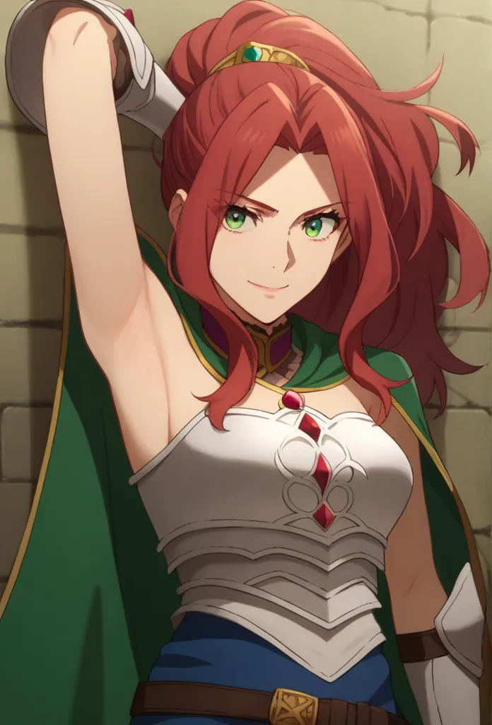 score_9, score_8_up, score_7_up, solo, 1girl, melromarc, long hair, green eyes, red hair, parted bangs, ponytail, medium breasts, bare shoulders, belt, cape, armor, breastplate ,spread armpit, arm up, armpit, lay hand on own armpit, smile, closed mouth