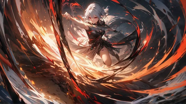 High Resolution、 deep、full body
 .、silver hair... red eyes、high angle、1 girl,  action painting made of black gemstones、standing、full body、 deep、 are not sensitive、high angle、full body