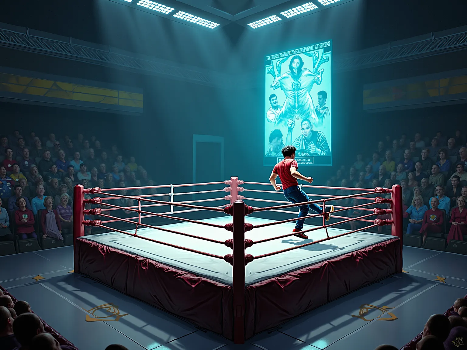 jim lee marvel Comic inspired image. Side view, showing the effects of getting kicked in the stomach



A ring sits in the center, surrounded by training equipment, the mirrored walls reflecting every movement.

The holographic display of past champions fl...