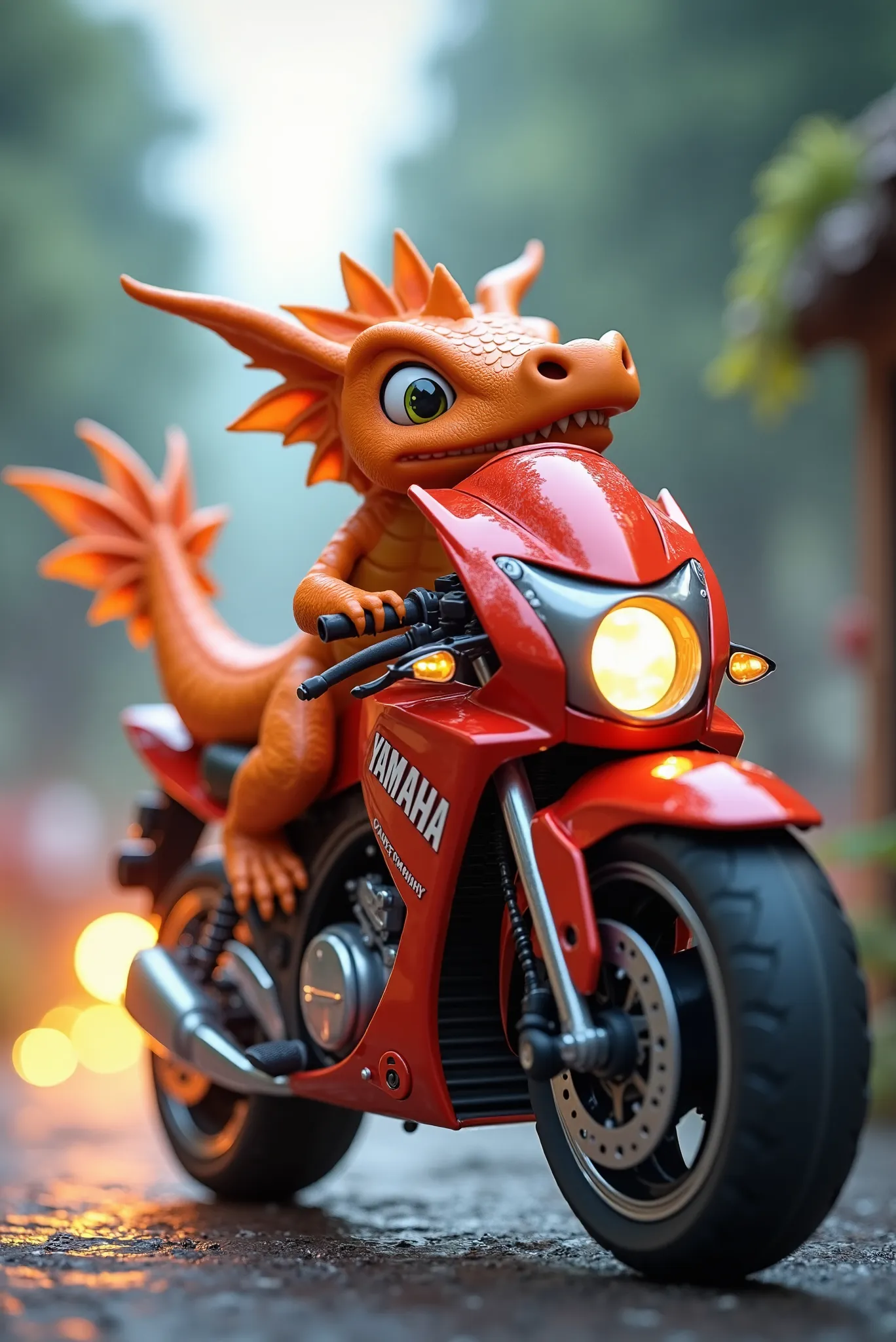  LITTLE ORANGE DRAGON RIDING A RED YAMAHA FINO MOTORCYCLE