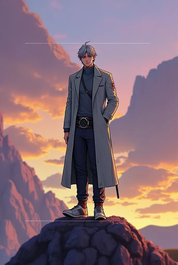 tall man, Young,  gray jacket,  gray hair, one-handed sword , detailed face, serious expression, standing with firm posture,  in a mountainous landscape ,  Dramatic sky , twilight light, anime style, digital illustration, 4K, breasts, vivid colors, studio ...