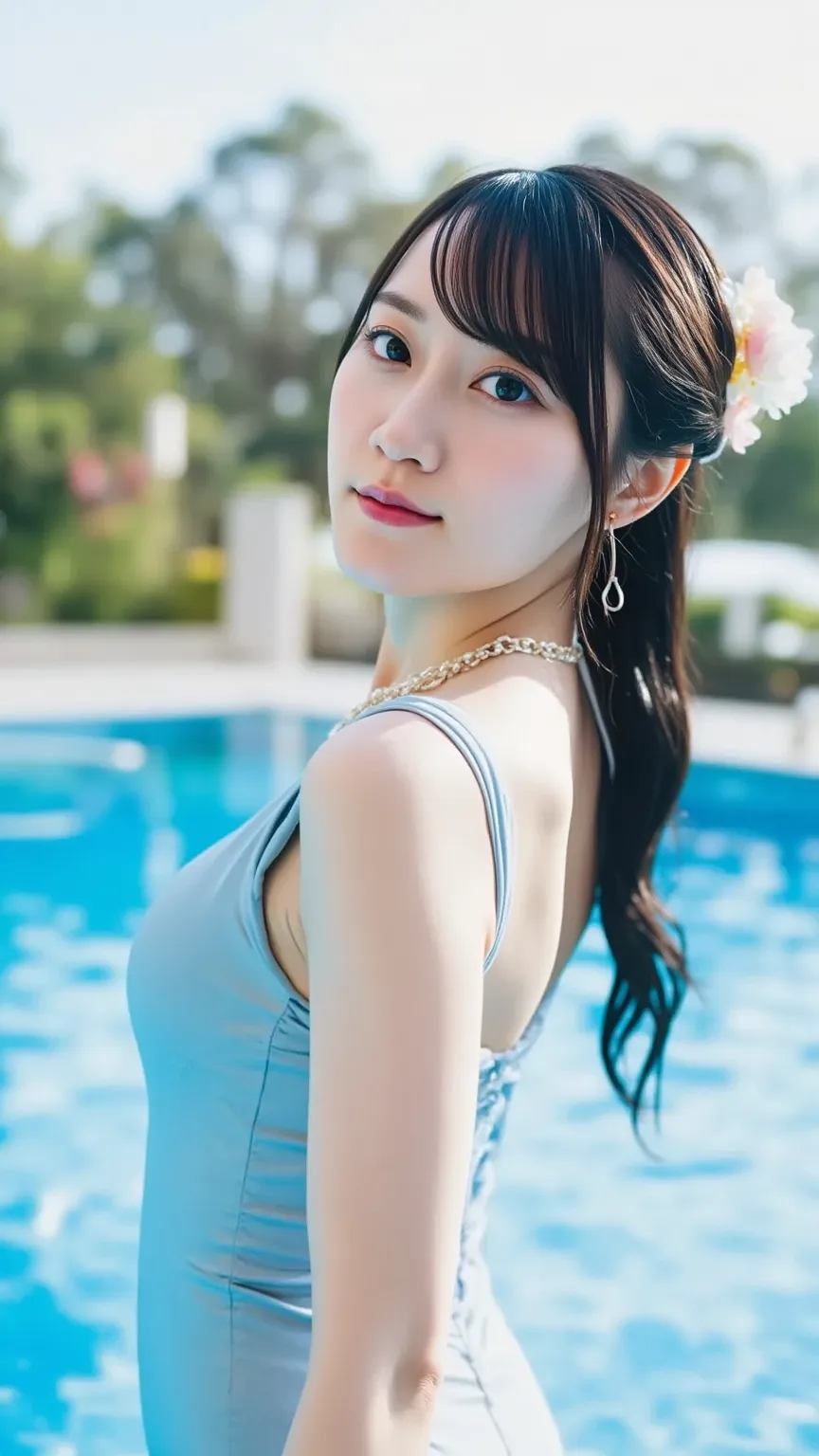 Background is the pool,An 18-year-old idol woman, Cowboy shot capturing her realistic 8K skin texture while wearing a cute, shiny light blue one-piece swimsuit, has naturally flowing black hair, A cowboy shot capturing her realistic 8K skin texture as she ...