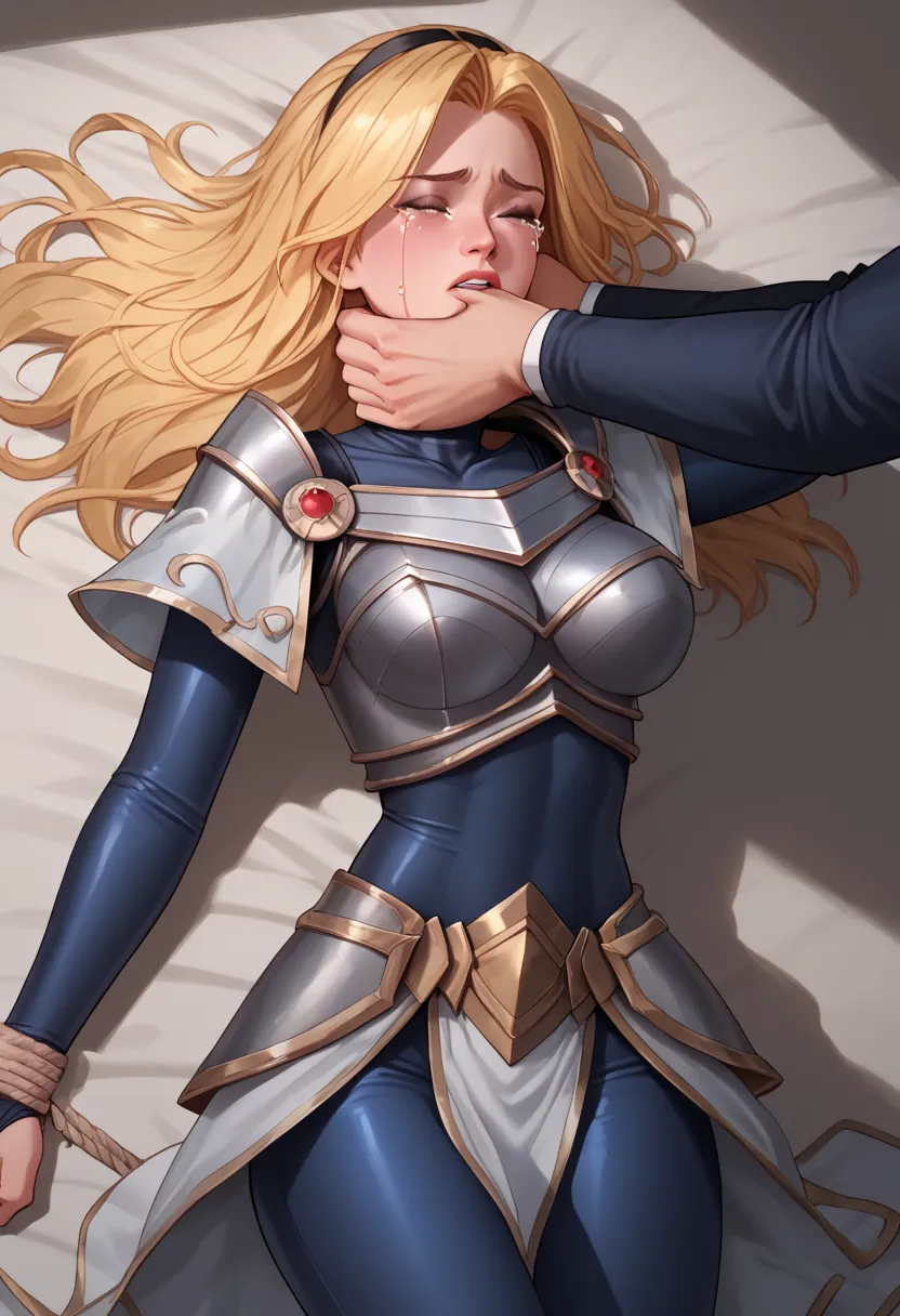 score_9, score_8_up, score_7_up, score_6_up, score_5_up, score_4_up, LuxLoLXL, blue eyes, blonde hair, long hair, black hairband, medium breasts, collarbone, shoulder armor, armor, blue bodysuit, breastplate, long sleeves, faulds, skirt, blue pants, armore...