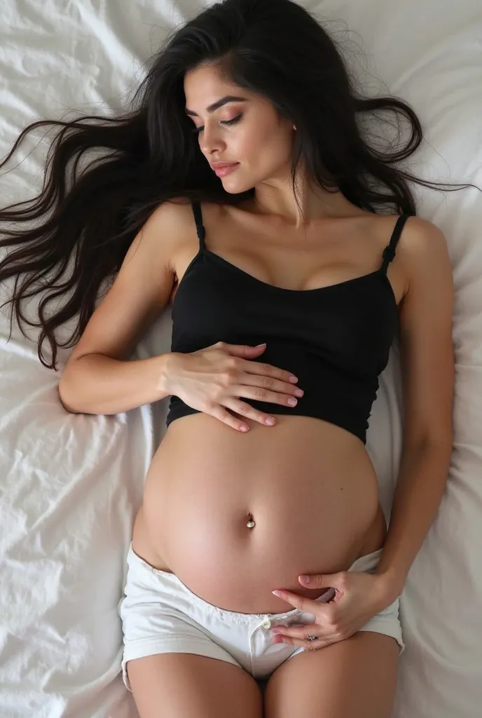 A beautiful white woman with long black hair, straight hair with layered cut, brown eyes, hourglass body, big breasts,  round buttocks , little pregnant women's belly, wearing a black crop top, a white shorts, Lying on your bed with your belly up.