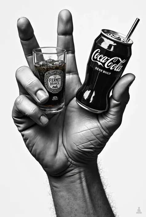 Create a 2D black-and-white picture of Michelangelo's hand painting with a Fernet Branca in one hand and a Coca-Cola in the other hand