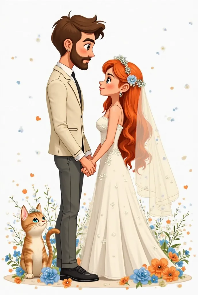 I want an invitation card for my wedding, with a couple of engaged couples and a cat, that also has various blue flowers, white, orange and with brown touches.
The boyfriend who is tall, light brown, with scarlet hair,  in dark black , with brown eyes, tha...