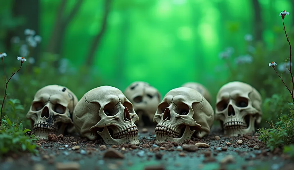 a realistic image of skulls scattered at the base of the image, on a green background image Chroma Key