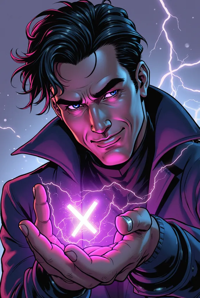 Show Gambit as in comic books in an animated way and that the cards are shown in his hand in the shape of an arc, which, when you show them, cover part of your face. If you can, it looks like in the previous images you made, That it is lively and continues...