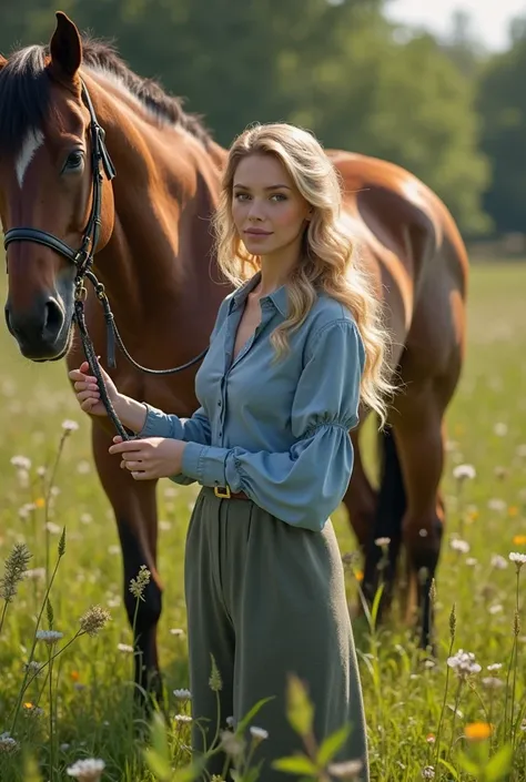 Beautiful blonde woman standing on a green meadow, dressed in blue trousers, blue shirt, Victorian fashion, leading the bridle of a brown horse, high detail of the shape, cinematic style