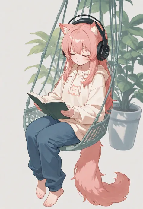 "A cozy, minimalistic illustration of a human cat girl , fluffy tail , cat ears, wearing big shirt and pants relaxing in a hanging chair, wearing large headphones and enjoying music. They have a peaceful, content expression with closed eyes, holding a book...