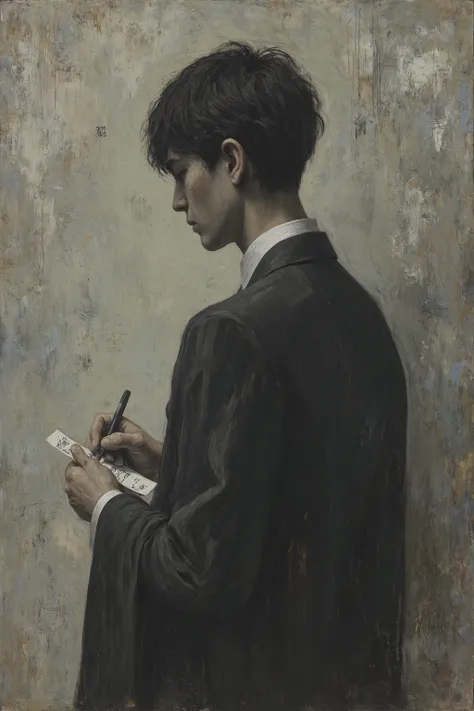 A Mysterious Transfer Student、he writing a mysterious characters on his note, from above and behind through his shoulder,mysterious atmosphere,abstract painting influenced by minimalism,masterpiece、Best Quality